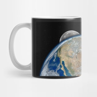 Planet Earth and Moon against dark starry sky Mug